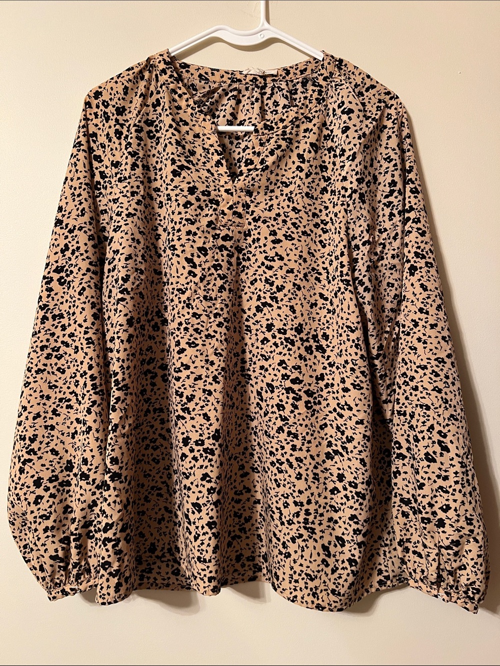 Beige and Black Printed Long Sleeve Blouse